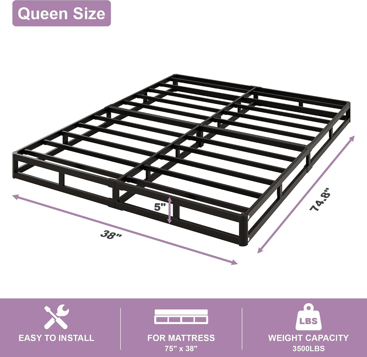 Low‑Profile Metal Queen Bed Foundation Base