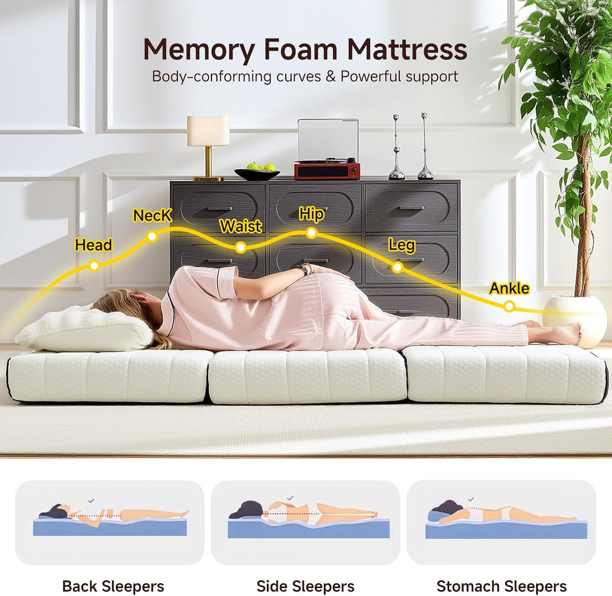 Tri‑Fold Memory Foam Twin Floor Mattress